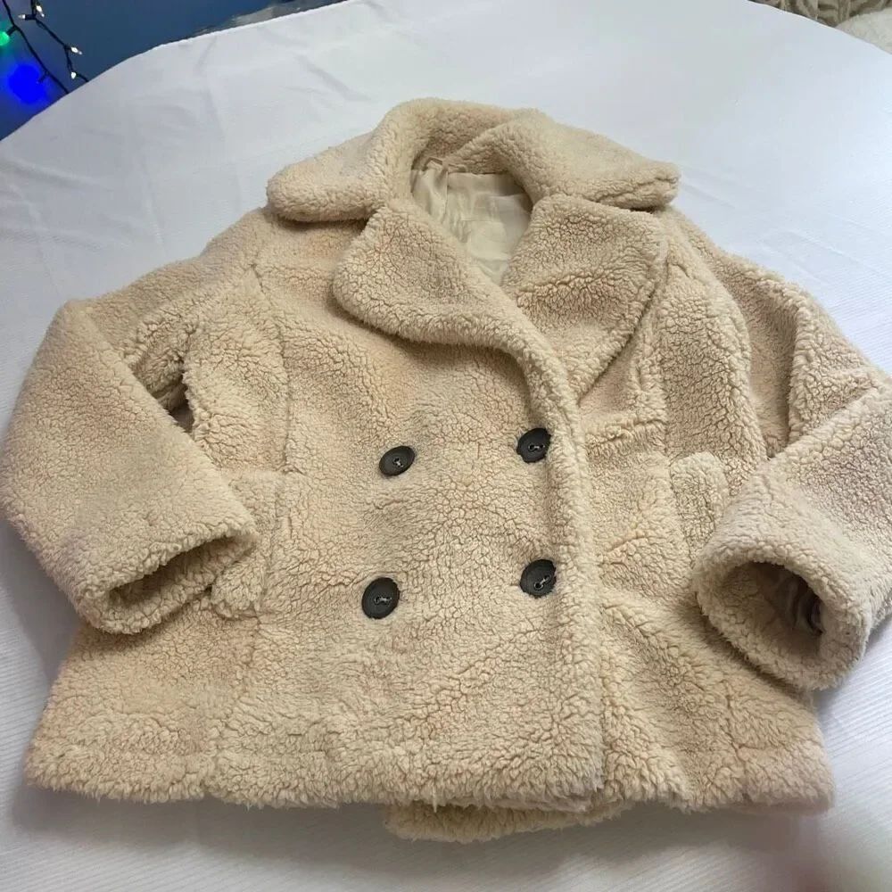 Free People Jacket Womens XS Beige Notched Teddy Peacoat Sherpa Oversized Coat